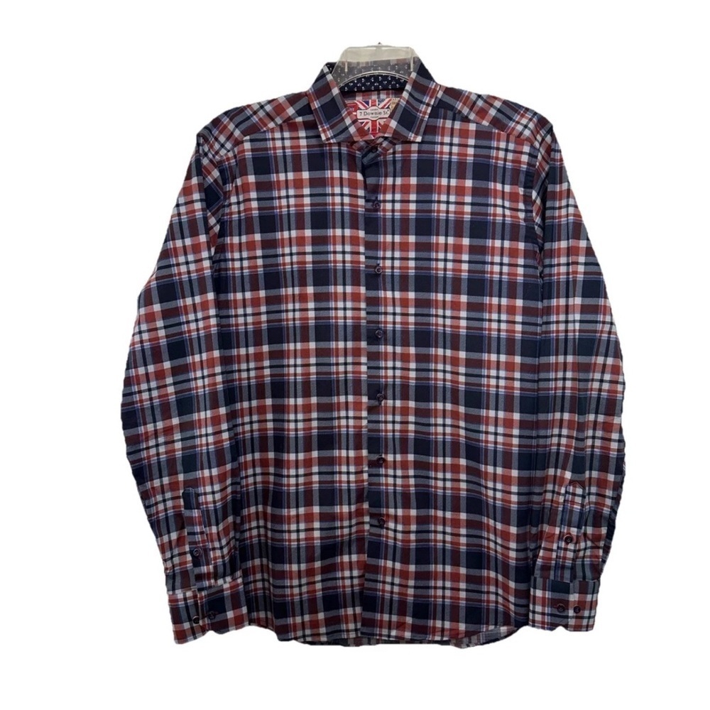 7 Downie St London Blue Plaid Button Up Shirt Mens Large Fitted Stretch Long Slv
